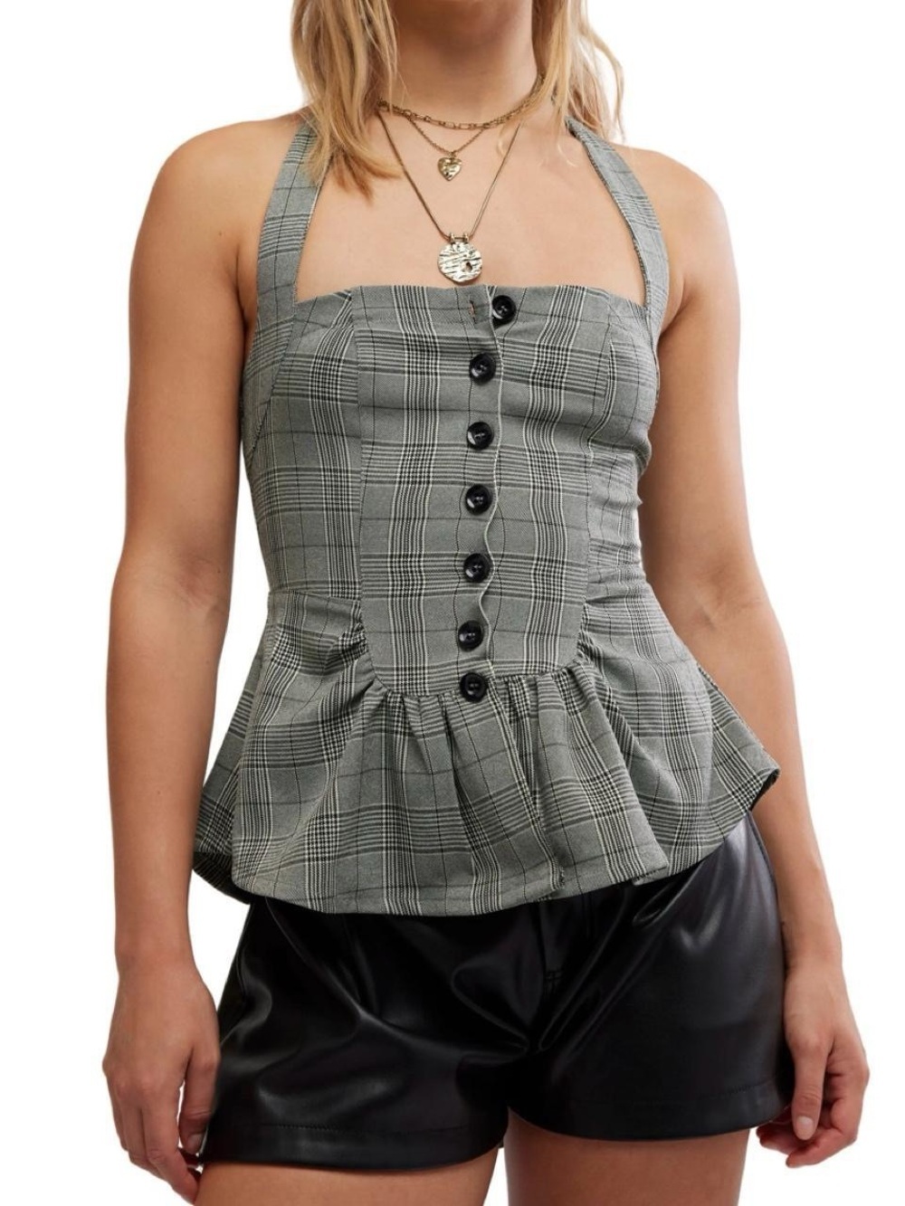Free People Anastasia Plaid Peplum Halter Top SZ XL